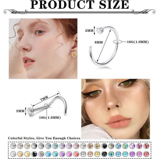 40Pcs Nose Rings Stud Stainless Nose Rings Hoop Screw Shaped Nose Piercing For Women Men 18G 20G 40Pcs Nose Rings Stud Stainless Nose Rings Hoop Screw Shaped Nose Piercing For Women Men 18G 20G
